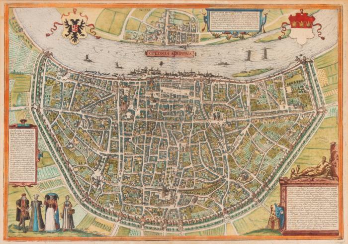 Köln. Colonia Agrippina. Vogelschauplan mit Deutz aus Braun-Hogenberg. Kupferstich um 1572. Variante mit 4 Figuren.