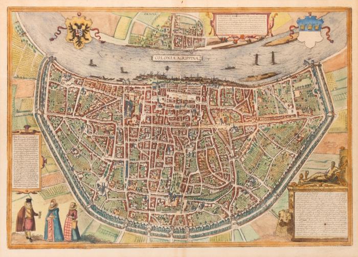 Köln. Colonia Agrippina. Vogelschauplan mit Deutz aus Braun-Hogenberg. Kolorierte Radierung um 1618. Variante mit 3 Figuren.