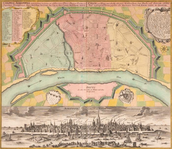 Köln. Colonia Agrippina antiquissima. Panoramaansicht und Vogelschauplan in Kupferstich von M. Seutter. Um 1730/40.