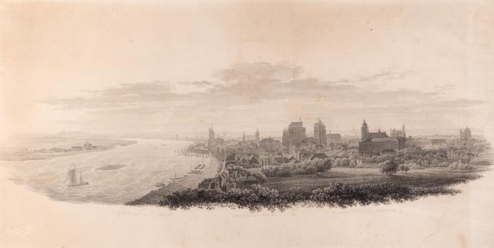 Köln. Gesamtansicht von Norden nach F. Schinkel. Radierung v. Schnell und Haldenwang. Stuttgart 1821-31.