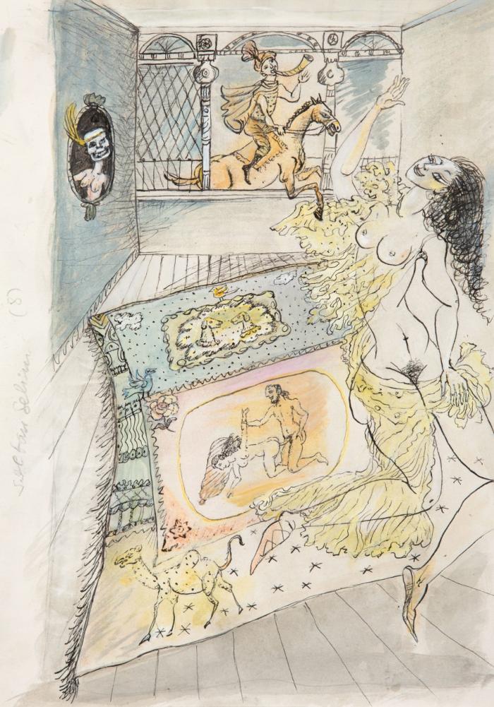 Bele Bachem: Lust am Teppich. Eine literarische Verführung. - 15 Illustrationsvorlagen zum Buch von Arnold Vals, erschienen 1995 in der edition q, Berlin. Federzeichnungen auf unterschiedlichen Zeichenkartons, teils farbig aquarelliert, teils collagiert; dabei 1 Titelentwurf. Mit Anweisungen für den Druck in Bleistift. Ca. 30 x 21,5 cm. - Beiliegend das Buch.
