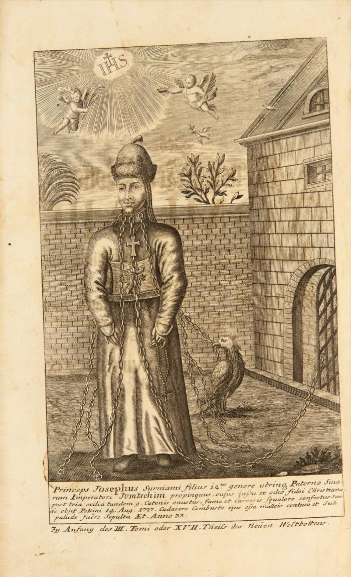 Allerhand so lehr- als Geistreiche Brief, Schrifften und Reis-Beschreibungen, welche von denen Missionariis der Gesellschaft Jesu aus beyden Indien und andern uber Meer gelegenen Ländern Seit An. 1642 bis auf das Jahr 1726 (... bis 1740) in Europa angelangt seynd. Theils aus handschriftlichen Urkunden, theils aus denen französischen Lettres edifiantes verteutscht und zusammen getragen. Teile 1-32 (von 38). Dazu 7 Dubletten der Teile 9-11 und 17-20 beigebunden. Insgesamt 39 Teile in 7 Bänden. Band I in 2. Auflage.