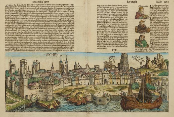Köln. - Gesamtansicht auf Doppelblatt der Chronik von H. Schedel, 1493. Kolor. Holzschnitt.