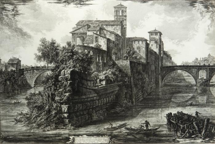 Veduta dell'Isola Tiberina (Tiber-Insel mit der Kirche San Bartolomeo).