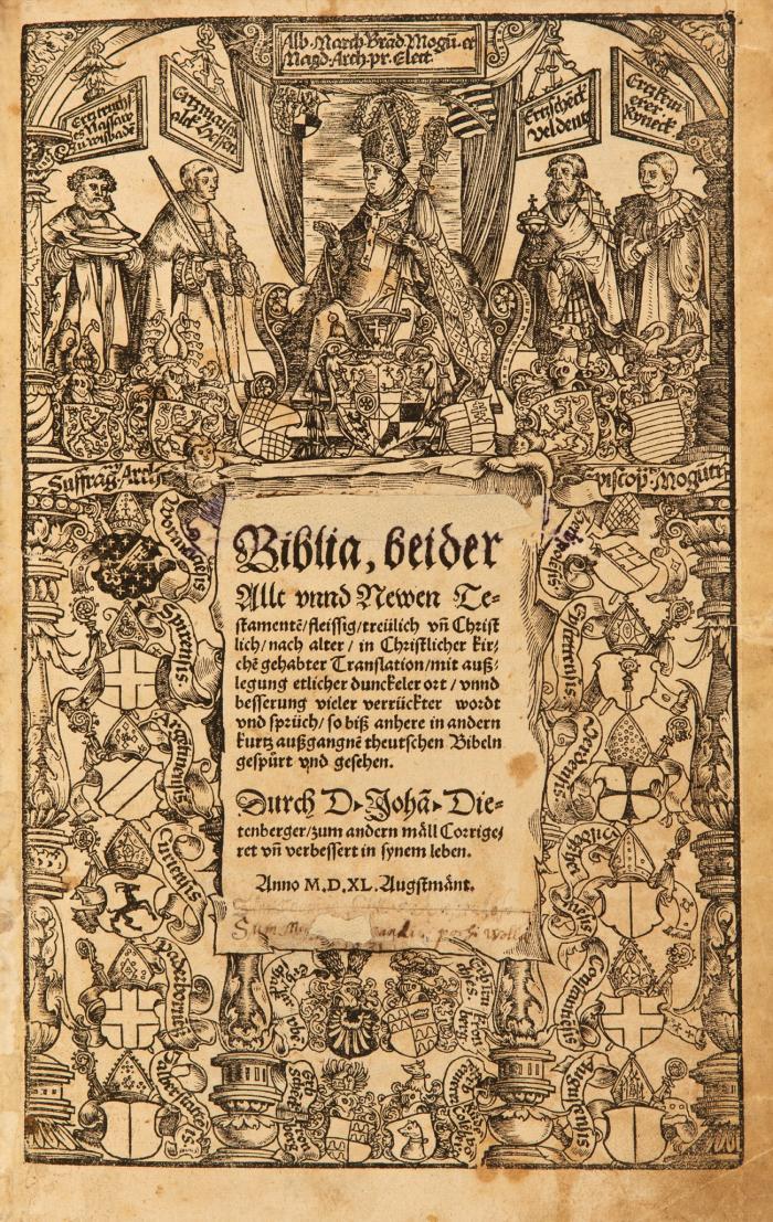 Biblia, beider Allt vnnd Newen Testament?/ fleissig/ treülich vñ Christlich/ nach alter/ in Christlicher kirch? gehabter Translation/ mit außlegung etlicher dunckeler ort/ vnnd besserung vieler verrückter wordt vnd sprüch/ so biß anhere in andern kurtz ausgangn? theutschen Bibeln gespürt und gesehen. Durch D·Johã·Dietenberger/ zum andern maell Corrigeret vñ verbessert in synem leben.