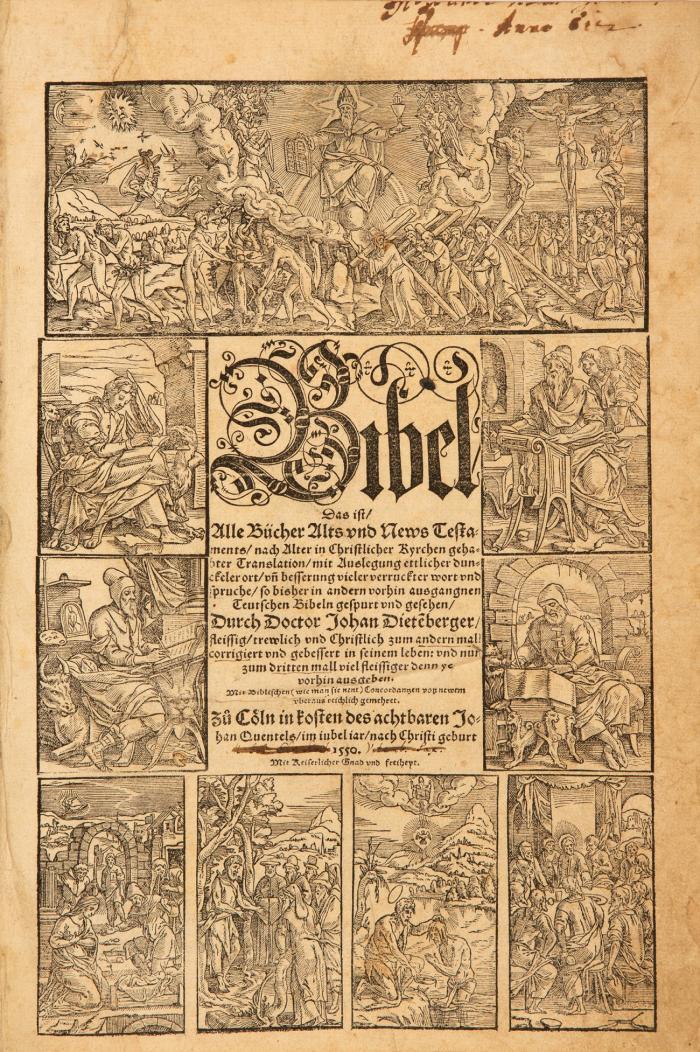 Biblia germanica. - Bibel, Das ist, Alle Bücher Alts und News Testaments, nach Alter in Christlicher Kyrchen gehabter Translation, mit Auslegung ettlicher dunckeler ort, uñ besserung vieler verruckter wort uvnd spruche, so bisher in andern vorhin ausgangen Teutschen Bibeln gespurt und gesehen., durch Johan Dietenberger zum andern mal corrigiert und gebessert ... Mit biblischen Concordanzen von newem ... gemehret. 2 Tle. in 1 Bd.