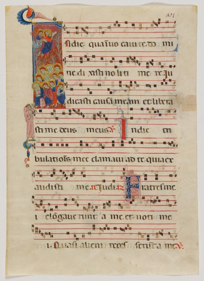 Jesus betet am Ölberg. – Historisierte Initiale auf einem Einzelblatt aus einem Antiphonar.