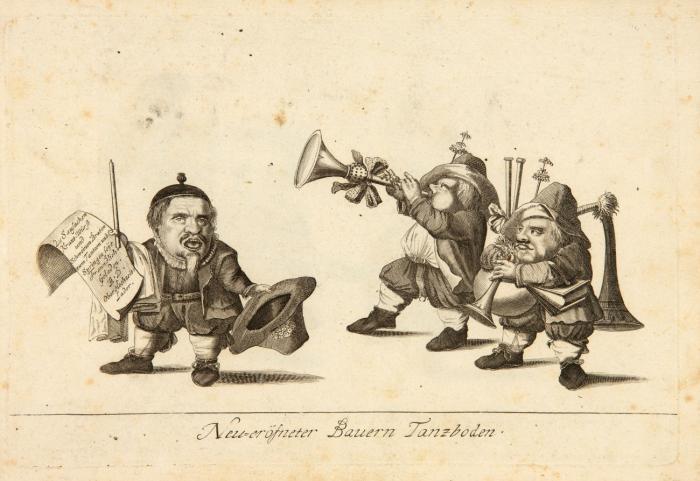 Neu-eröfneter Bauern Tanzboden. Folge von 13 gest. Zwergen-Karikaturen.