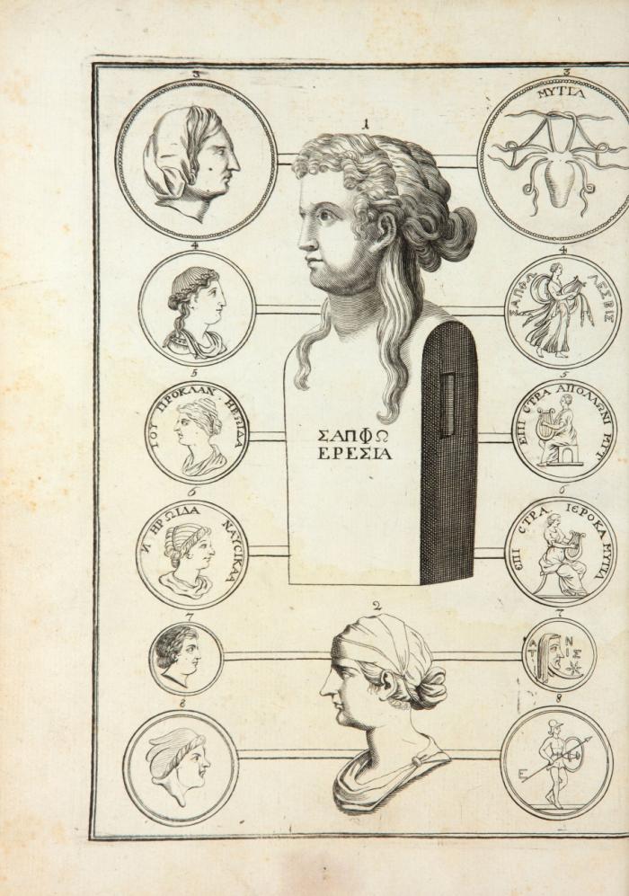 Poetriae Lesbiae, Fragmenta et Elogia. Quotquot in auctoribus antiquis Graecis et Latinis Reperiuntur, cum virorum Doctorum Notis Integris ... qui vitam Sapphonis & indices adiecti. Angebunden: Wolf, Joh. Chr. (Hrsg.): Poetriarum Octo Erinnae, Myrus, Myrtidis, Corinnae, Telesillae ... Graece et Latine ... accedit Gottfridi Olearii dissertatio de poetris Graecis. Hamburg: Vandenhoeck 1734. 4 Bll., 1991 SS., 10 Bll.
