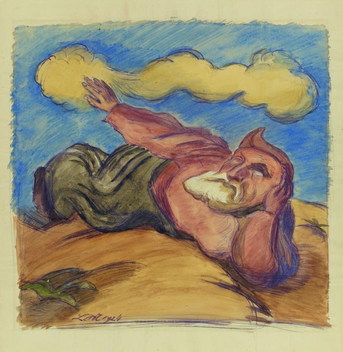 LIEGENDE BÄRTIGE FIGUR IN LANDSCHAFT