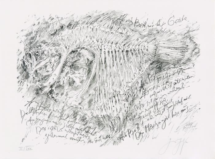 Küchenzettel. Sieben Original-Lithographien und drei Blatt Text - zu Lyrik und Prosa - Schweinekopfsülze, Worüber ich schreibe, Zum Fürchten, Askese, Bei Kochfisch Agnes erinnert, Als vom Butt nur die Gräte geblieben war, Bohnen und Birnen.