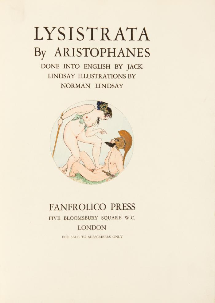 Lysistrata. Done into English by Jack Lindsay, illustrations by Norman Lindsay.