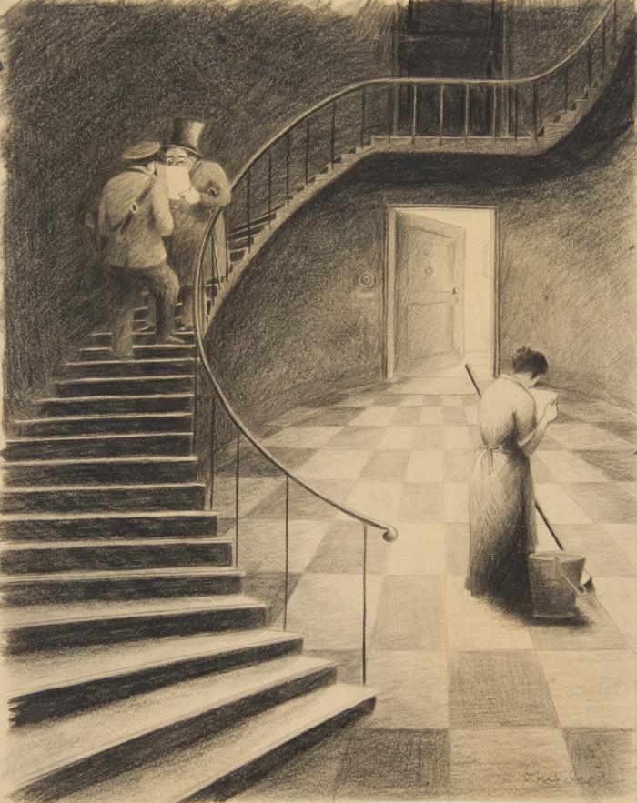 Otto Nückel. Die Nachricht. Kreide und Bleistift. Signiert.