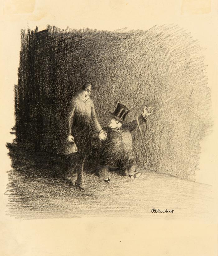 Otto Nückel. Das ungleiche Paar. Kreide und Bleistift. Signiert. Dazu Bleischnitt des Motivs.