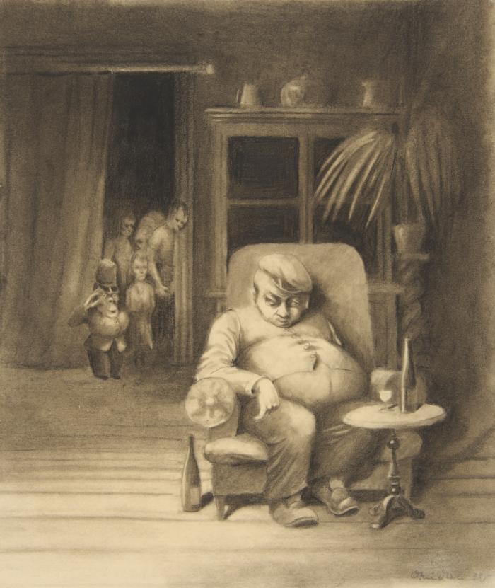 Otto Nückel. Das Nickerchen. Schwarze Kreide. Signiert.