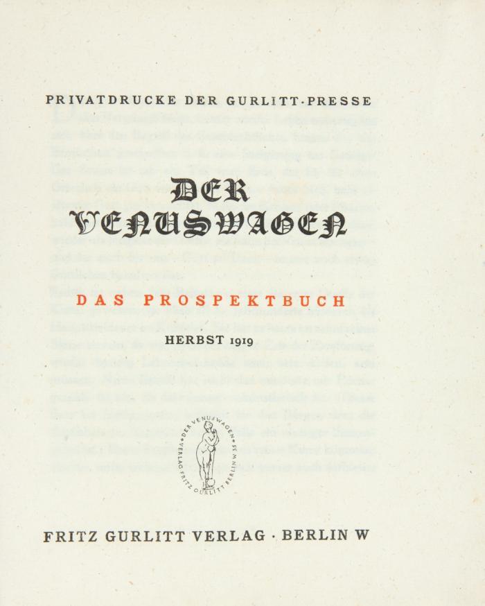 Der Venuswagen. Das Prospektbuch. Privatdruck.
