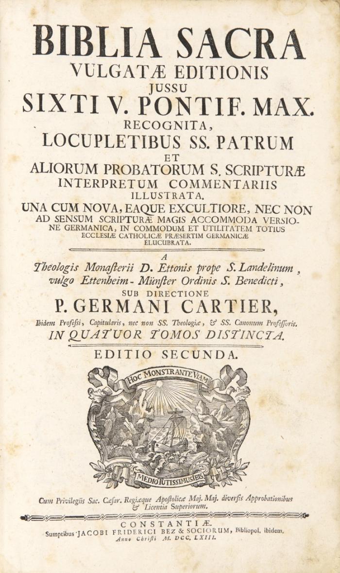 Biblia latino-germanica. - Biblia sacra Vulgatae editionis ... A theologis monasterii ... Ettenheim-Münster ordinis S. Benedicti, sub directione P. Germani Cartier ... in quatuor tomos distincta. Editio secunda. 4 Tle. in 2 Bden.