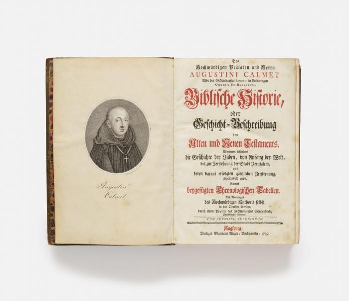 Biblische Historie, oder Geschicht-Beschreibung des Alten und Neuen Testaments. Worinnen besonders die Geschichte der Juden, von Anfang der Welt, bis zur Zerstöhrung der Stadt Jerusalem, und deren darauf erfolgten gänzlichen Zerstreuung, abgehandelt wird. Sammt beygefügten chronologischen Tabellen. Auf Verlangen des Hochwürdigen Authoris selbst, in das Deutsche übersetzt, durch einen Priester des Gotteshaußes Gengenbach, Straßburger Bistums.