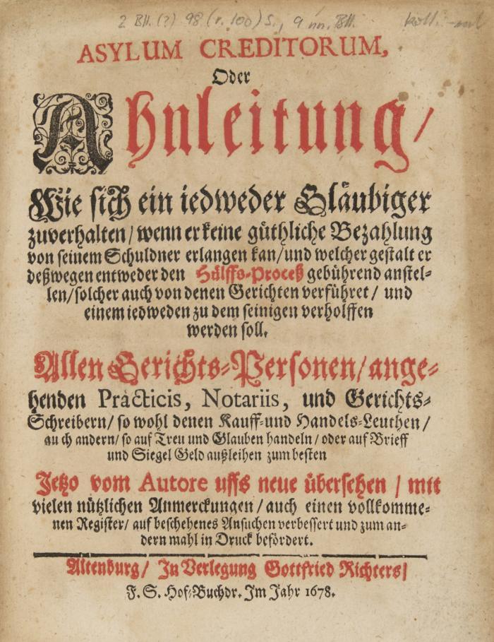 Asylum Creditorum. 2 Bde. in 1.