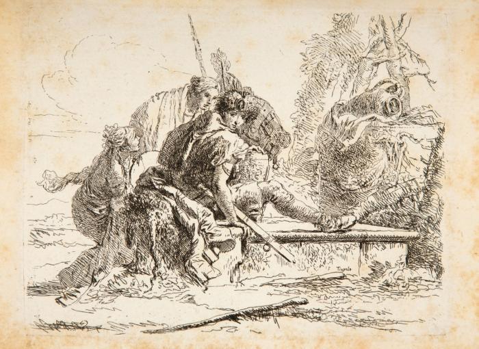 Gruppe rastender Soldaten. (Aus: Capricci).