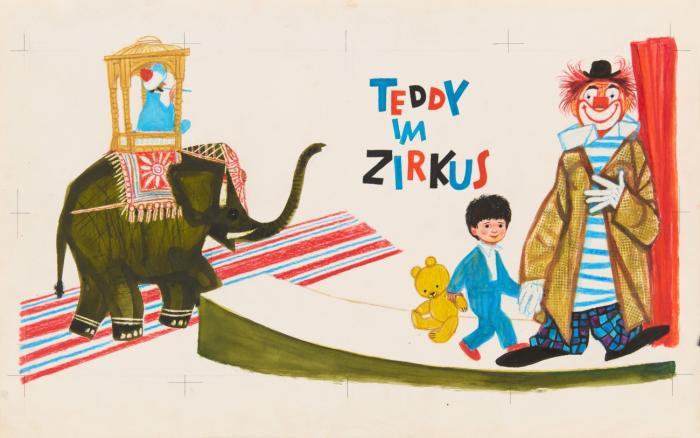 Erich Gürtzig. – Krumbach, Walter: Teddy im Zirkus. Originalentwürfe der Illustrationen von Erich Gürtzig zu dem Kinderbuch. Um 1966. 14 Blatt mit Illustrationen in Aquarell, Gouache, Farbstiften, Federzeichnung u.a. auf Kartons.