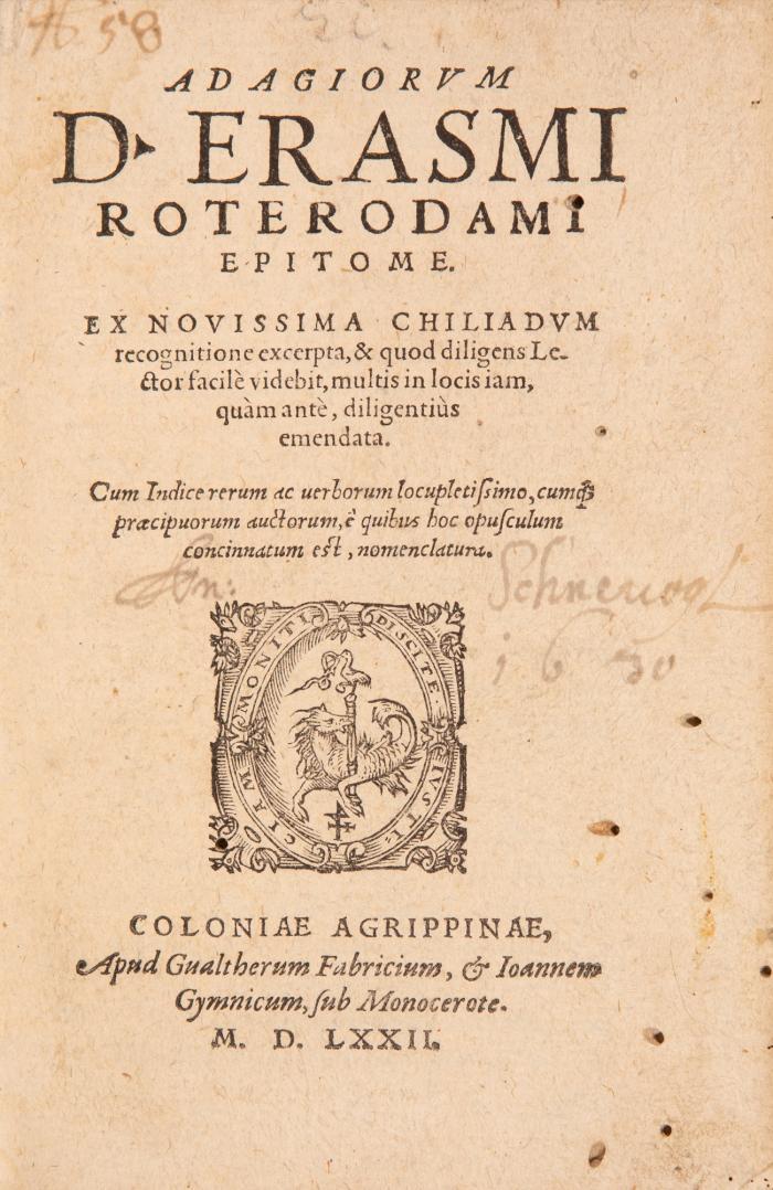 Adagiorum. Ex novissima Chiliadum recognitione excerpta... Cum Indice rerum ac verborum.