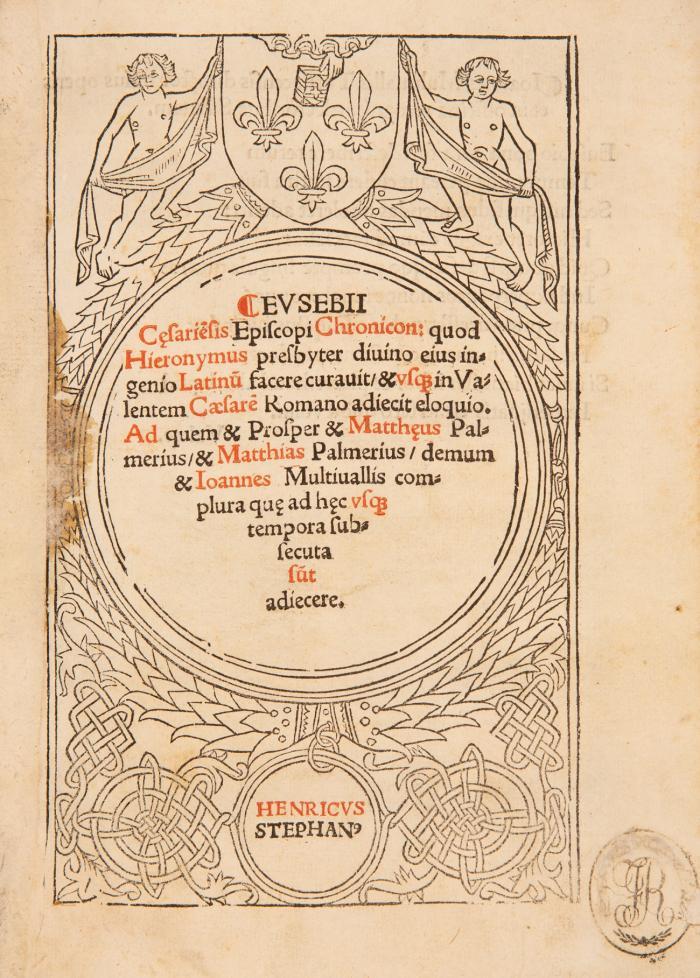 Episcopi Chronicon: quod Hieronymus presbyter diuino eius ingenio Latinu[m] facere curauit/ & us[que] in Valentem Caesare[m] Romano adiecit eloquio. Ad quem & Prosper & Matth[e]us Palmerius/ & Matthias Palmerius / denum & Ioannes Multiuallis complura qu[e] ad h[e]c us[que] tempora subsecuta su[m]t adiecere.