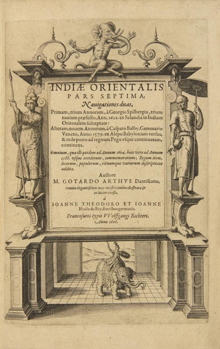 Indiae orientalis pars septima; Navigationes duas, Primum trium Annorum, à Georgio Spilbergio, trium navium praefecto, Ann. 1601. ex Selandia in Indiam Orientalem susceptam: Alteram, novem Annorum, à Casparo Balby, Gemmario Veneto, Anno 1579. ex Alepo Babyloniam versus, & inde porro ad regnum  Pegu usque continuatam, continens. Text und Abbildungsteil in 1 Bd.