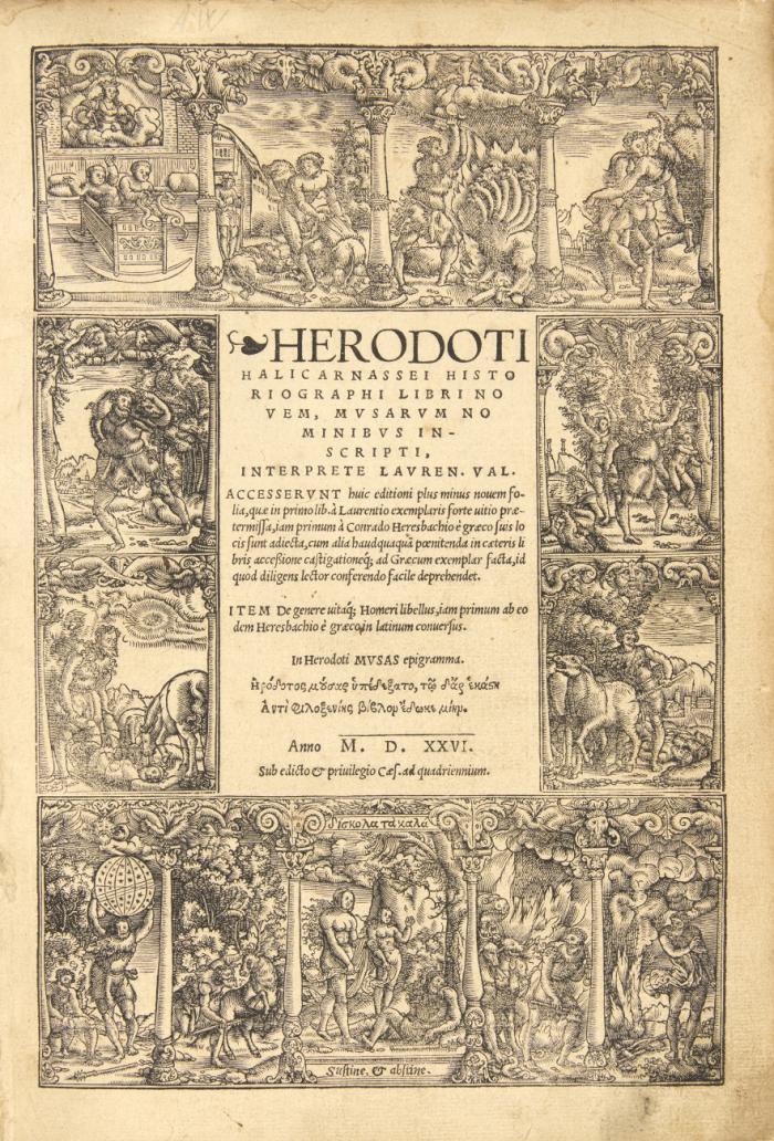 Libri novem, musarum nominibus inscripti, interprete Laurentio Val(la). 14 Bl., 274 S. Mit breiter Holzschnitt-Titelbordüre, weiterer Holzschnitt-Bordüre und 8 großen Holzschnitt-Initialen. 28,5 x 20 cm.