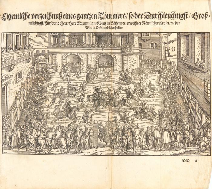 ThurnierBuch. Von Anfang, Vrsachen,  vrsprung, vnd herkommen, der Thurnier im heyligen Römischen Reich Teutscher Nation ... Frankfurt a. M.: (Georg Rab für Sigm. Feyrabend u. Simon Hüter) 1566.