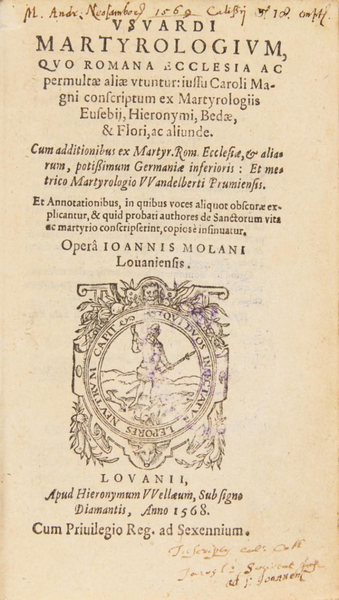 Martyrologium, quo Romana Ecclesia ac permultae aliae utuntur: Iussu Caroli Magni conscriptum ex martyrologiis Eusebii, Hieronymi, Bedae & Flori, ac aliunde. Opera J. Molani.