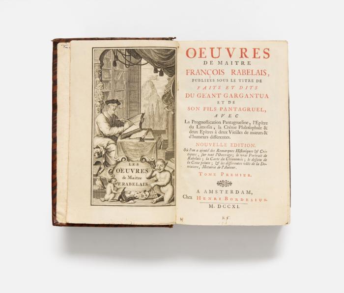 Oeuvres. Publiées sous le titre de faits et dits du géant Gargantua et de son fils Pantagruel, avec la Prognostication Pantagrueline, l'Epître du Limosin, la Crême Philosophale & deux Epîtres à deux Vieilles de moeurs & d'humeurs differentes. Nouvelle edition. 6 Bde. in 2.
