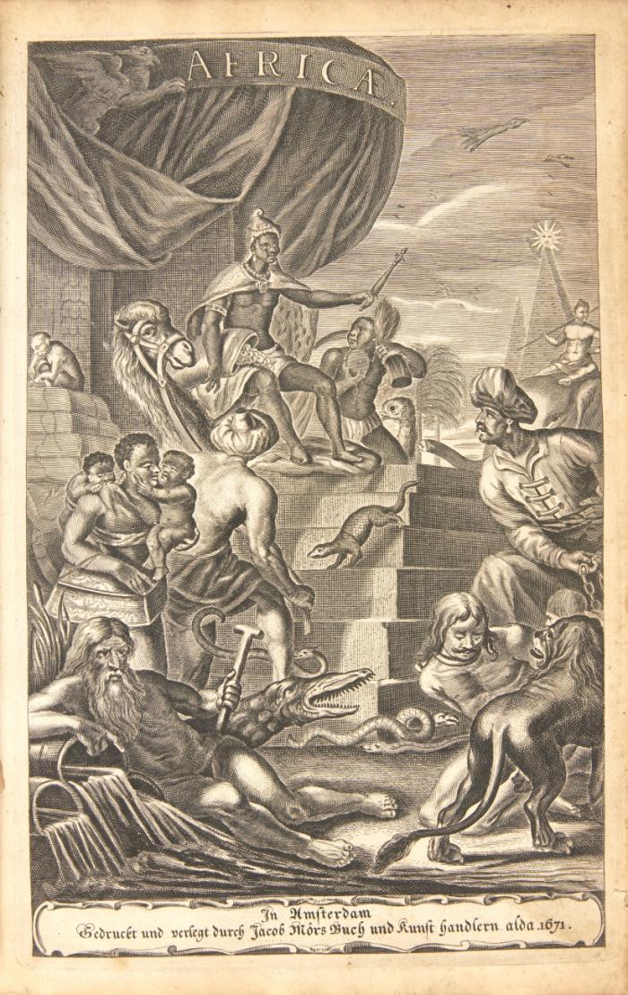 Umbständliche und eigentliche Beschreibung von Africa, und den darzu gehörigen Königreichen und Landtschaften, als Egypten, Barbarien, Libyen, Biledulgerid, dem Lande der Negros, Guinea, Ethiopien, Abyßina und den Africanischen Insulen: Zusamt deren verschiedenen Nahmen, Grentzen, Städten, Flüssen, Gewächsen, Thieren, Sitten, Trachten, Sprachen, Reichthum, Gottesdienst und Regierung. Wobey die Landcharten und Abrisse der Städte, Trachten, etc. in Kupfer. Auß unterschiedlichen neuen Land- und Riesebeschreibungen mit Fleiß zusammen gebracht.