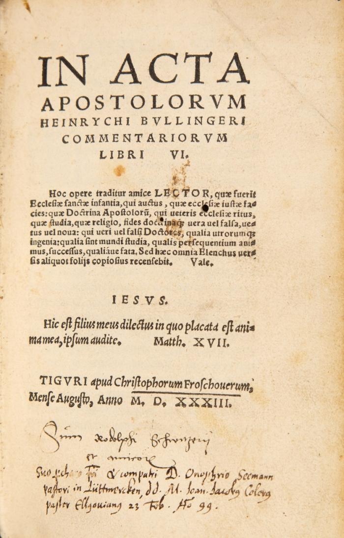 In Acta Apostolorum Heinrychi Bullingeri Commentariorum Libri VI.