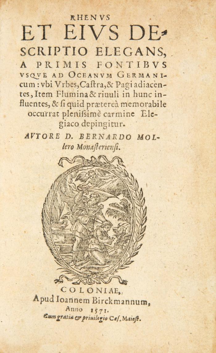 Rhenus et eius descriptio elegans, a primis fontibus usque ad oceanum Germanicum: ubi urbes, castra, & pagi adiacentes, item flumina & rivuli in hunc influentes, & si quid praetereà memorabile occurrat plenissimè carmine elegiaco depingtur.