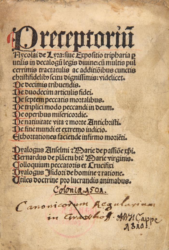 Preceptorium sive expositio tripharia per utilis in decalogum legis divine ... De decimis tribuendis.
