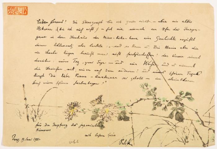 [Eigenhändiger Brief mit asiatischem Druck an einen Freund].