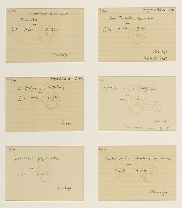 KARTEIKARTEN (DOPPELBLATT 2 NUMMERN GEWITTER / ZWEI METALLPLASTIKEN / 2 ERDEN / KONTROLLZEICHNUNG / FILZWINKEL / PARTITUR...)