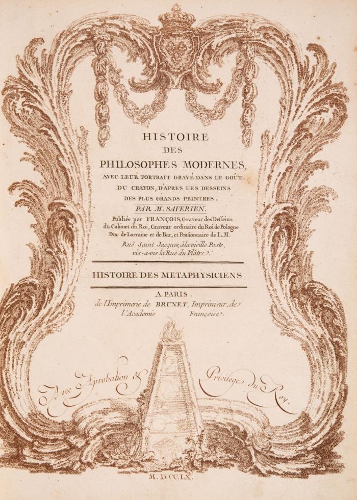 Histoire des philosophes modernes, avec leur portrait gravé dans le goût du crayon, d'après les desseins des plus grands peintres. 8 Tl.e in 2 Bdn.