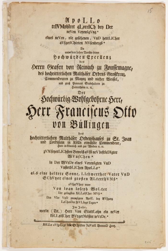 Apollo triumphiret gloreich bey der neuen Verewigung eines neuen, nie gesehenen, und herrlicher ausgerichteten Musenbergs.