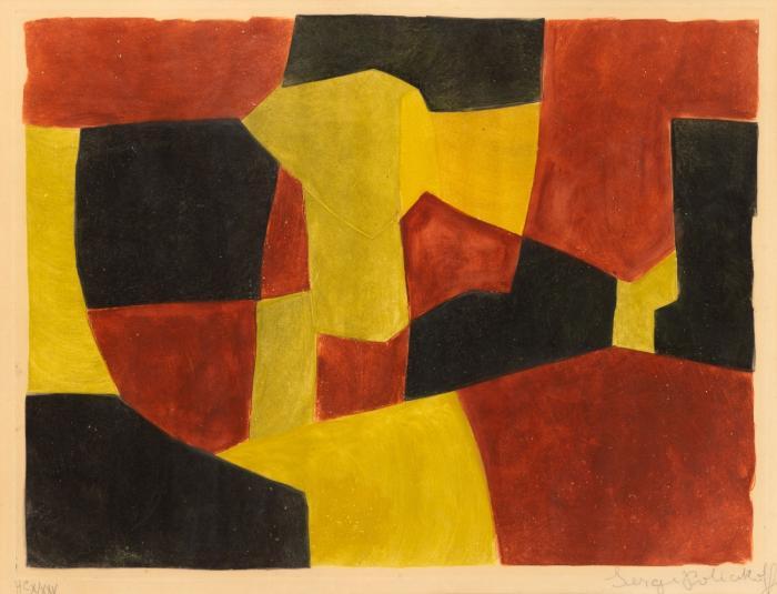 COMPOSITION NOIRE, JAUNE ET BRUNE