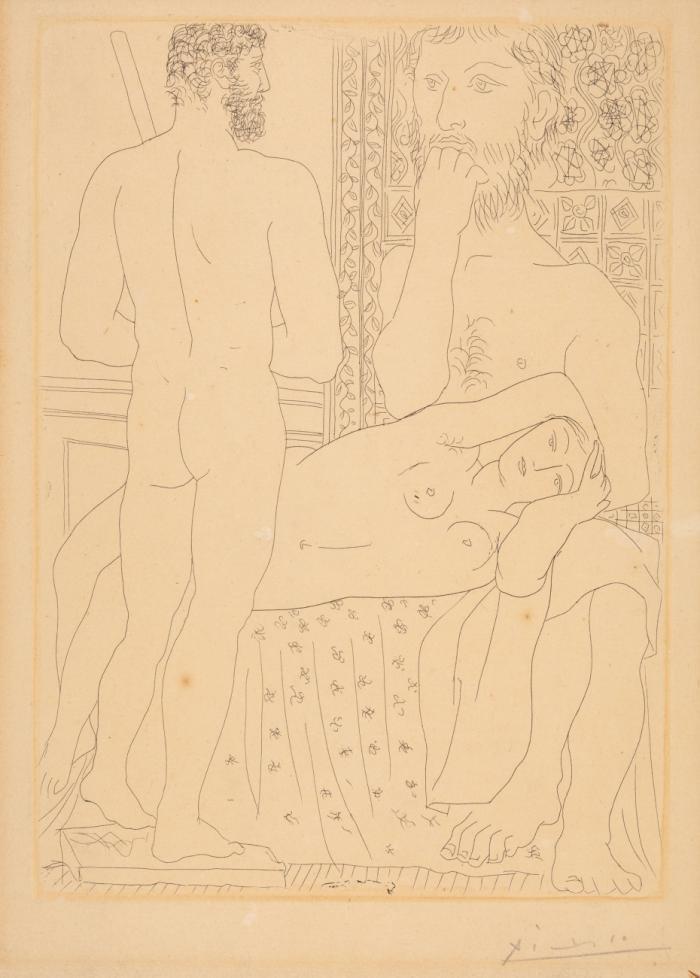Sculpteur, modèle couché et autoportrait en hercule sculpté (Tafel 37 aus: Suite Vollard)