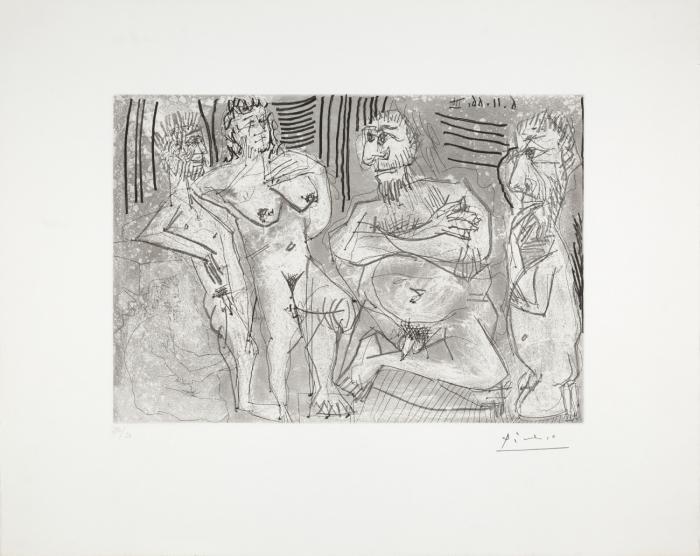 FEMME DEBOUT ENTOURÉE DE QUATRE HOMMES BARBUS