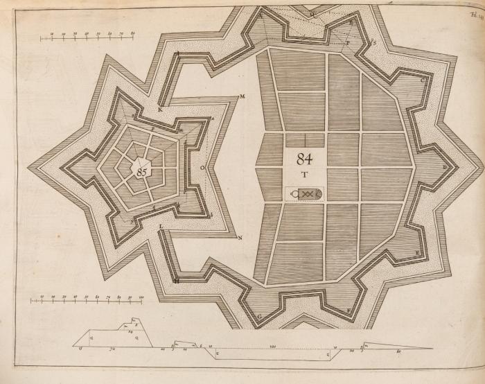 Oeuvres mathematiques. Traictant de la Geometrie et fortification, reduictes en meilleur ordre, & corrigées d'un nombre infiny de fautes escoules aux impressions précédentes: La Geometrie par Th. Verbeeck ... et la fortification par F. v. Schoten. 2 Tle. in 1 Bd.