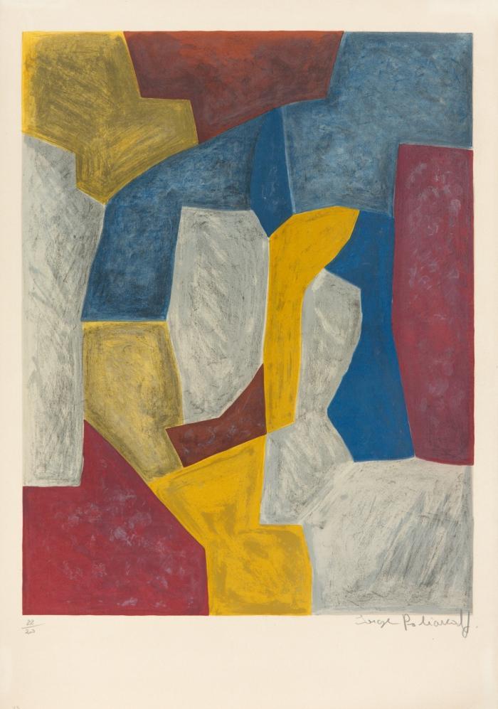COMPOSITION CARMIN, JAUNE, GRISE ET BLEU