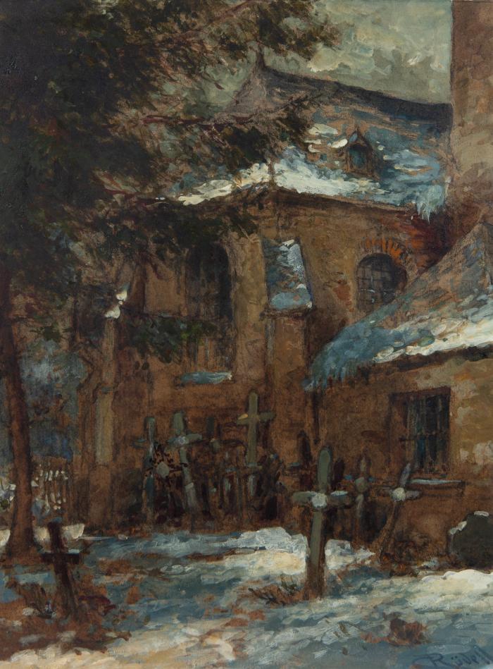 FASSADE EINER KIRCHE MIT FRIEDHOF IM WINTER