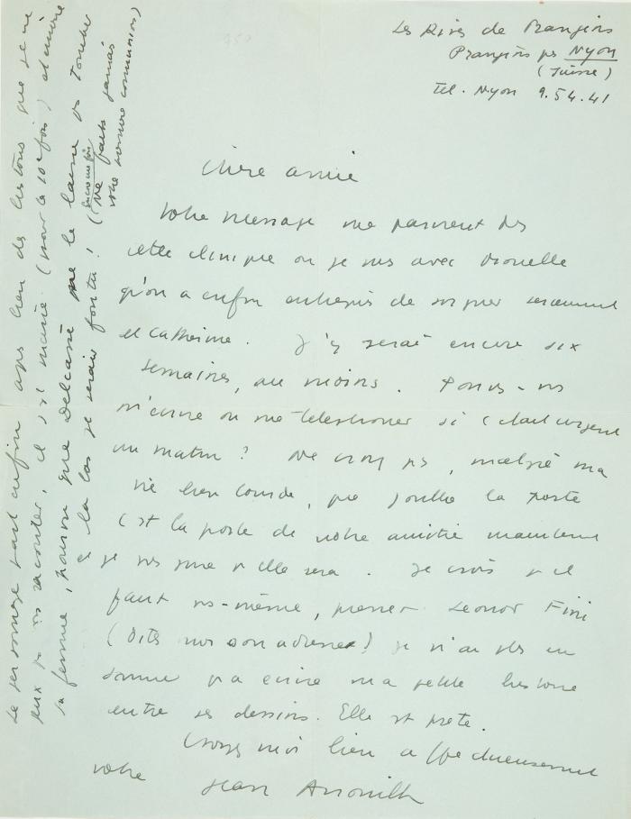 J. Anouilh. Eigenh. Brief mit U.; Nyon, o. D. - An eine Freundin.