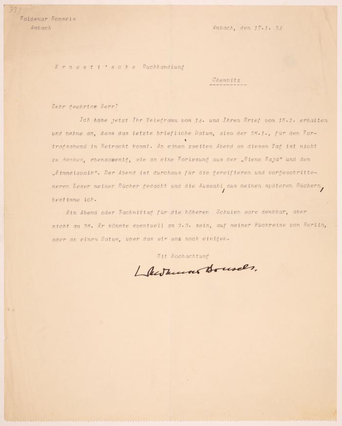 W. Bonsels. 6 maschinengeschr. Briefe mit U. Ambach, 1924.