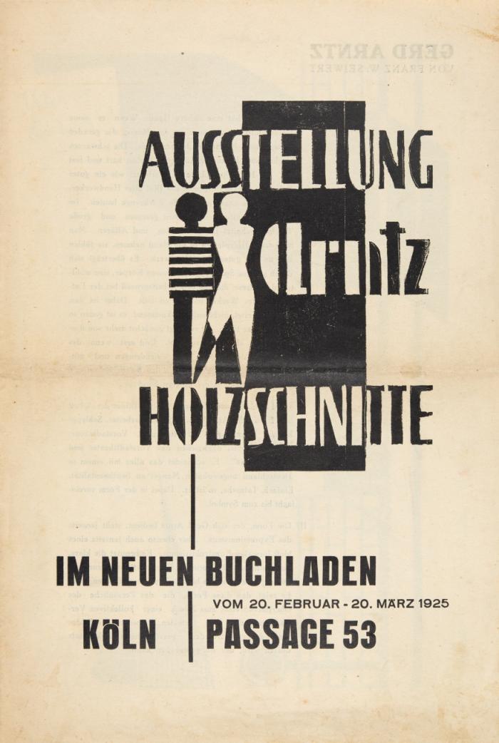 Ausstellung Arntz Holzschnitte. Katalogprospekt der Ausstellung im Neuen Buchladen Köln vom 20. Februar - 20. März 1925.