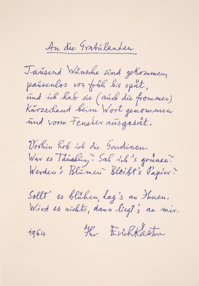 1 Dankesgedicht, 1 Postkarte u. 1 Solo-Autogramm m. Begleitschreiben v. Luiselotte Enderle-Kästner.